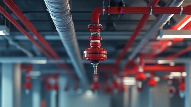 A detailed view of a fire suppression setup showcasing ceiling-mounted smoke detectors and sprinkler heads, emphasizing water leakage management and safety in indoor spaces