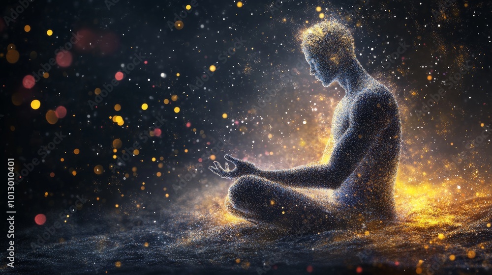 Poster a meditative human figure glows amidst a swirl of abstract particles and light. the futuristic scene