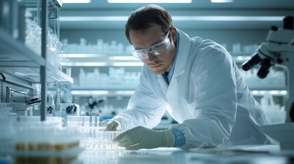 A scientist dressed in a lab coat and safety gear carefully handles test tubes filled with samples while conducting experiments in a lab. Generative AI