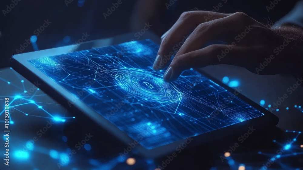 Poster a businessman uses a tablet showing a blockchain hologram, representing the future of finance and te