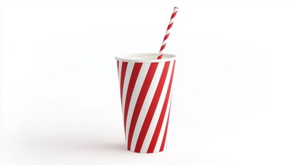 Red and white striped fast food soda cup with straw isolated on white background. Generative AI