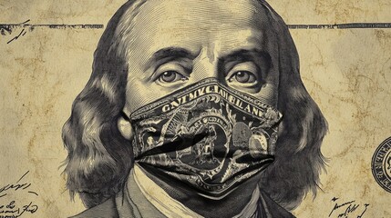 A stylized image of a dollar bill, wearing a classic mafia-style bandana around his face. The design should preserve the intricate details and engraving like texture of the original banknote