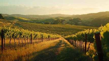 Naklejka premium A scenic vista of a vineyard with vibrant grapevines and gentle hills, set against a backdrop of a softly overcast sky, perfect for wine lovers and outdoor enthusiast