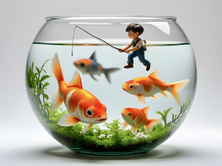 A young boy fishing from a miniature perspective in a colorful fishbowl filled with lively goldfish and green aquatic plants