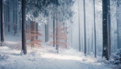 A lone tree with orange leaves stands out in a snow-covered forest, bathed in the ethereal glow of the morning sun.