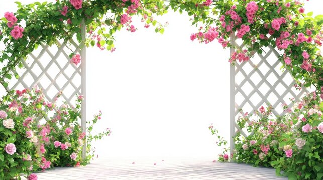 Garden trellis with blooming pink roses decorative arch structure for outdoor gardens lattice design realistic 3D render of a white trellis covered in flowers. Generative AI