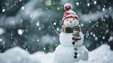 Charming Snowy Day: A Smiling Snowman in the Midst of a Soft Winter Snowfall in a Forest