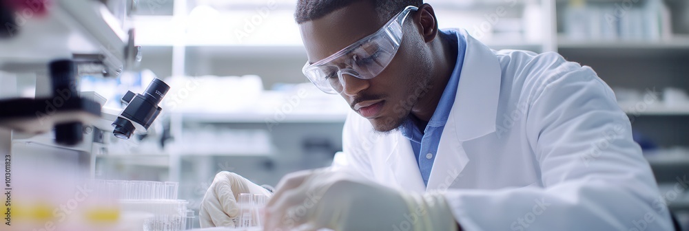 Aufkleber a scientist in a lab coat and protective gear meticulously works with test tubes, focusing on precis