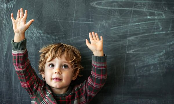 A cute little boy raises his hand in question, standing in front of the blackboard smiling