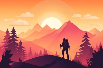 Fototapeta premium Silhouette of a Hiker Admiring the Mountainous Sunset