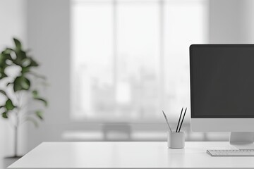 Blurred office background with a computer and white desk in a modern interior, a business work space concept, a mockup for product display presentation, with a white background