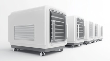 Fototapeta premium Modern refrigeration units designed for medication storage in healthcare settings displayed in a row on a clean white background. Efficient cooling and organized compartments. Generative AI