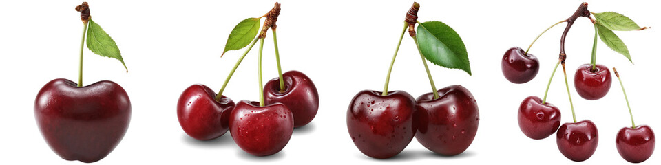 Collage of cherry illustrations isolated on white background. Set of PNG isolated fruits.