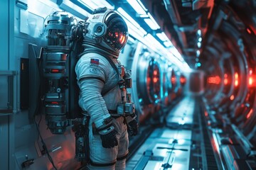 A futuristic space station with sleek architecture, and an astronaut 