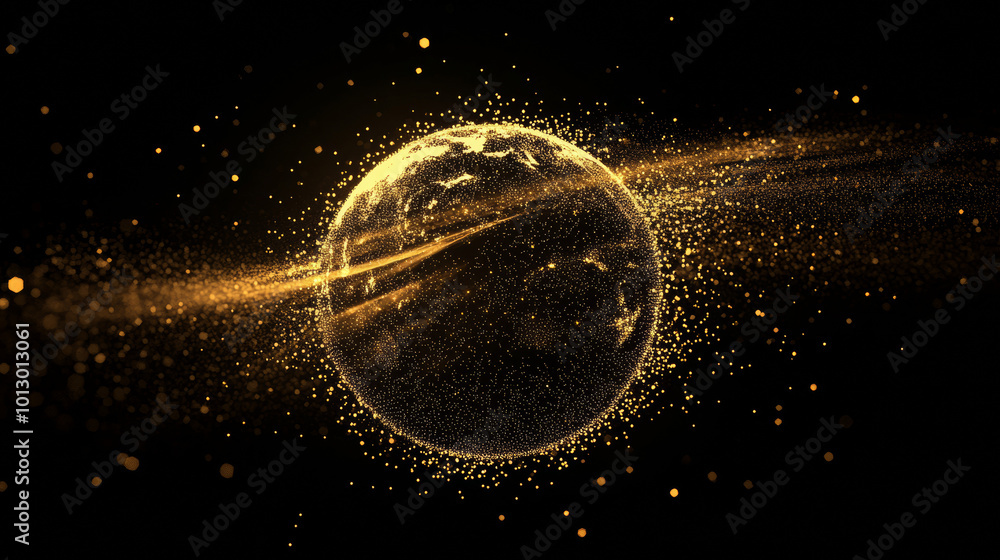 Poster a simple, geometric image of earth with shimmering gold dust. the image is made up of dots and lines