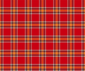 Plaid fabric pattern, red, yellow, white, brown, striking modern luxury cross lines, seamless for textiles, and for designing clothes, skirts or decorative fabrics. Vector illustration.