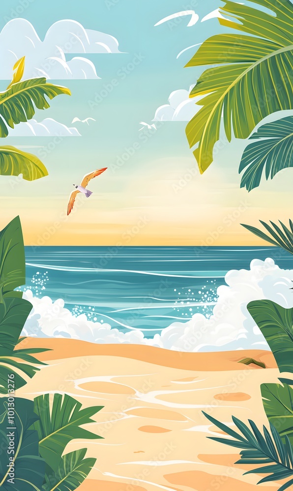Poster 20. a bright summer beach scene with playful waves and a clear horizon, featuring a wide area of sof