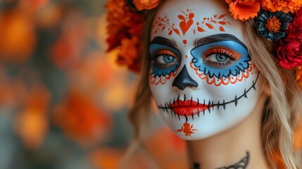 Close-up of a person applying vibrant and detailed Catrina makeup to their face, surrounded by traditional decorations and flowers
