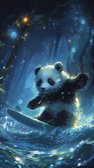 a panda surf on waves of light celebrating the endless joy and warmth of their utopia