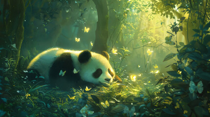 A serene ethereal meadow where a panda sleeps gently above the ground surrounded by butterflies that shimmer