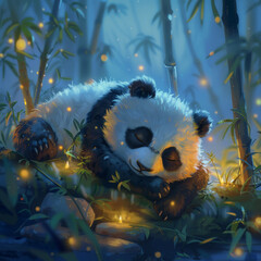 A baby panda sleeping in a beautiful serene bamboo forest, painting illustration