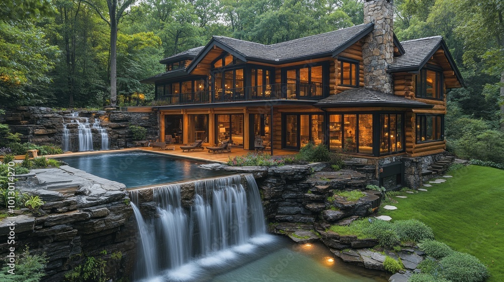 Poster A large house with a pool and waterfall in front of it