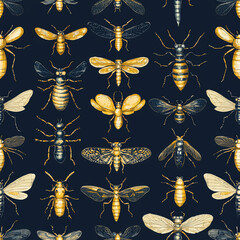 Golden and Black Insect Illustration Seamless Pattern