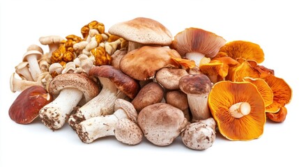Fototapeta premium A mix of wild and cultivated mushrooms with varying shapes and colors, isolated on white background