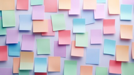 Colorful sticky notes arranged randomly on a white background featuring pastel tones in pink green blue orange and purple for an organized yet playful aesthetic. Generative AI
