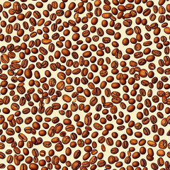 Scattered Coffee Beans Seamless Pattern on Beige Background