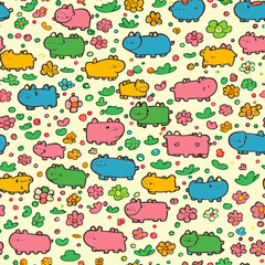 Fototapeta premium Playful and colorful seamless pattern featuring adorable cartoon hippos