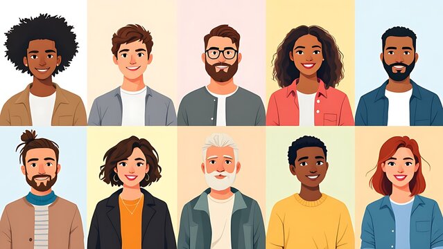 A diverse group of illustrated people with blurred faces, showcasing various hairstyles and clothing styles