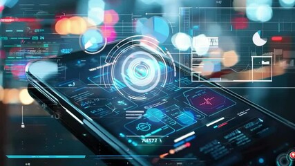 A smartphone displaying a sleek, futuristic interface with data visualizations and analytics.