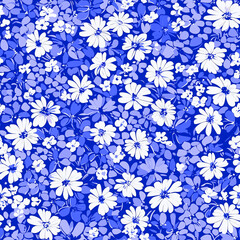 Blue and White Floral Meadow Seamless Pattern