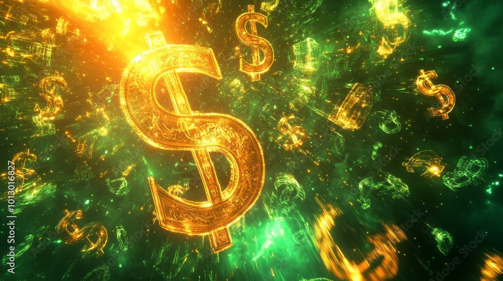 Aufkleber radiant dollar signs and floating banknotes create a dynamic and energetic image symbolizing financi