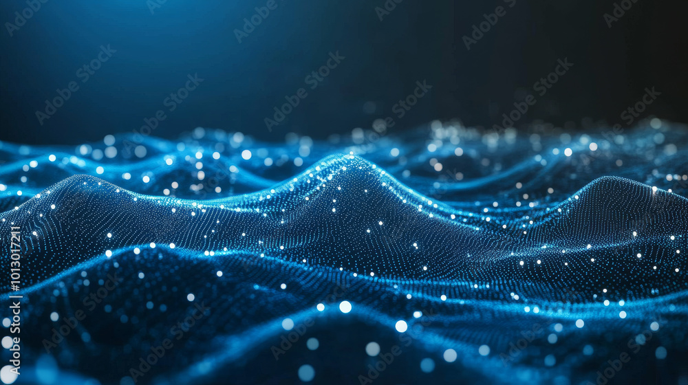 Poster a dark blue background with lines, dots, and glowing particles forming a network pattern. this repre