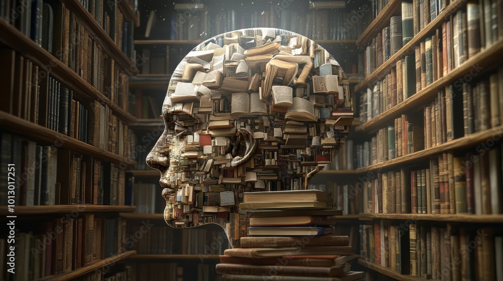 Poster a striking image of a human head silhouette filled with books, set against a background of shelves, 