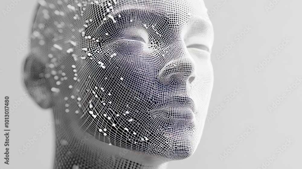 Poster a modern design for a poster featuring a 3d wireframe face. this futuristic design uses dots and lin