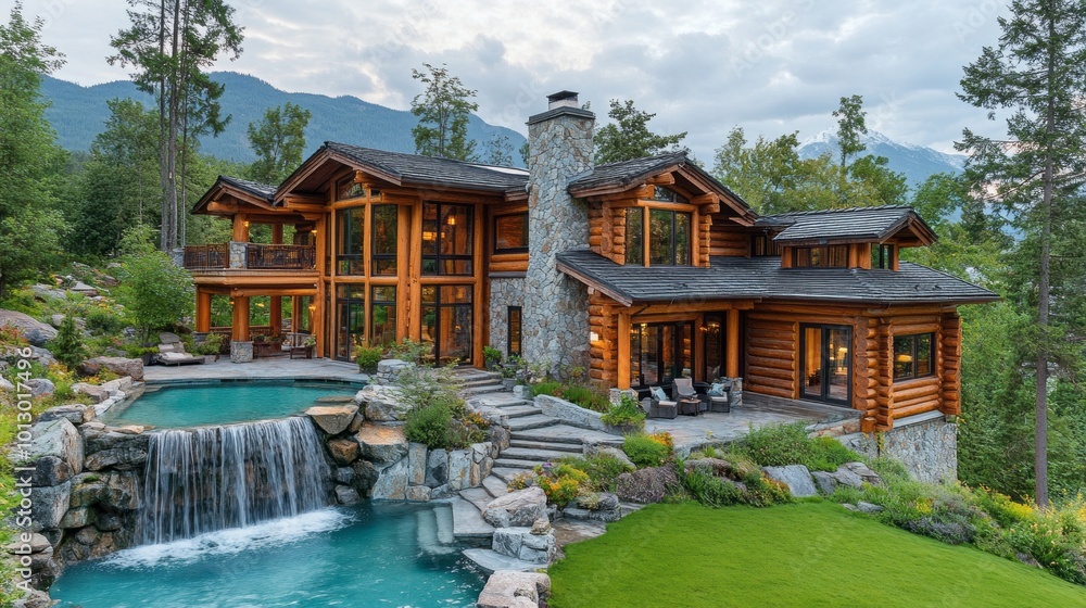 Poster A large house with a pool and a waterfall in front of it