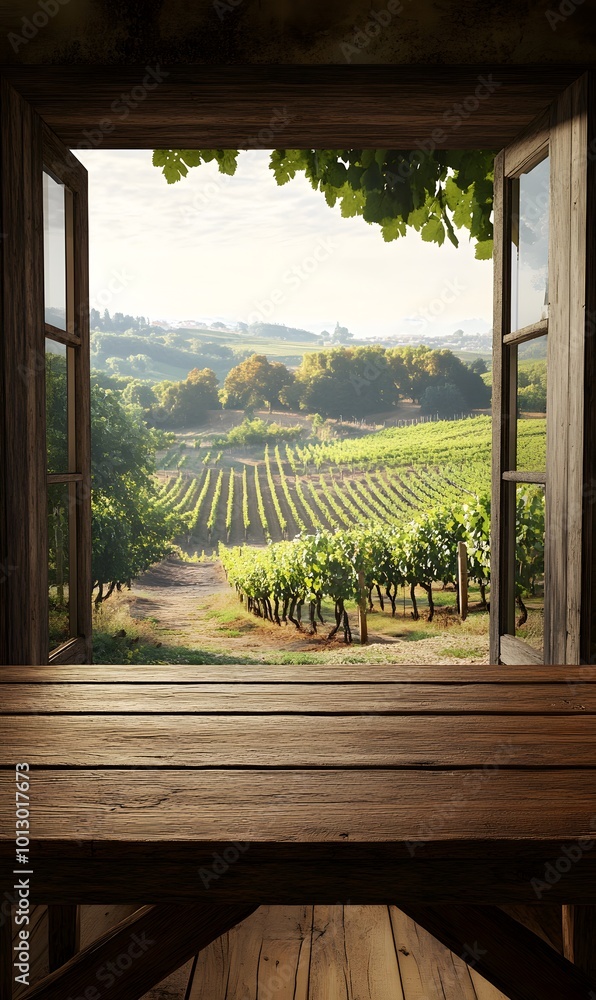 Poster 12. a rustic wooden table placed by an open window, showcasing a picturesque vineyard landscape with