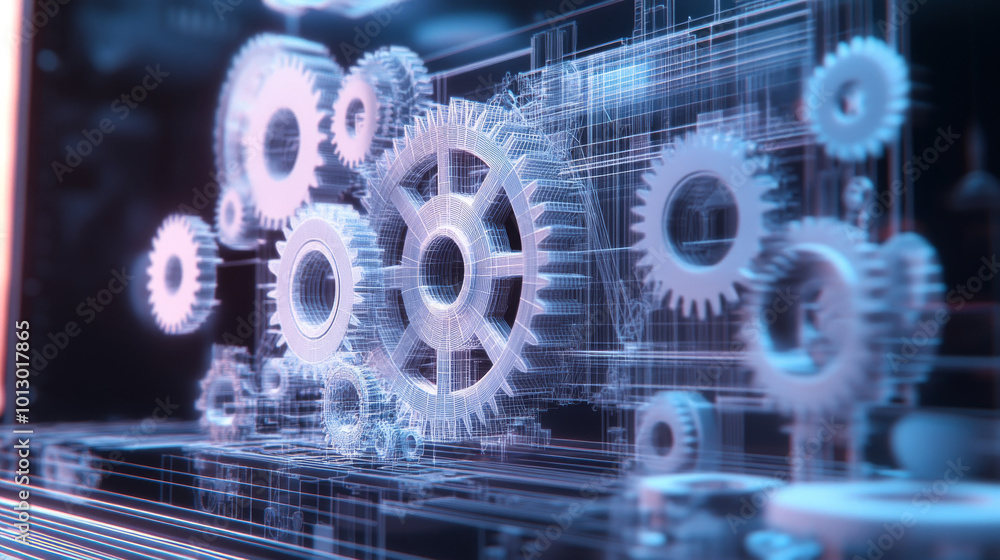 Poster a computer screen shows gears made of simple shapes. this image represents the complex technology us