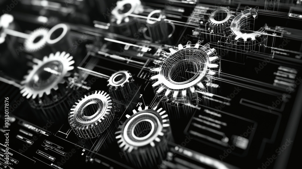 Poster a computer screen shows gears made of simple shapes. this image represents the complex technology us