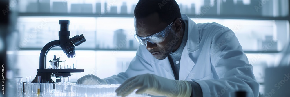 Poster a scientist meticulously handles test tubes under a microscope in a bright, modern laboratory settin