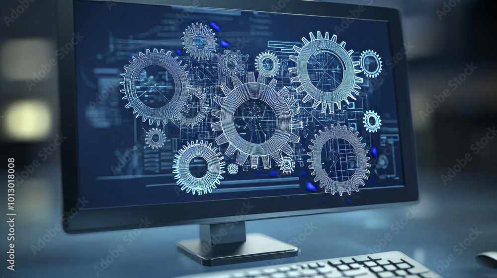 Poster a computer screen shows gears made of simple shapes. this image represents the complex technology us