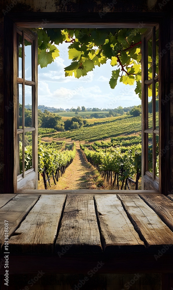 Poster 12. a rustic wooden table placed by an open window, showcasing a picturesque vineyard landscape with