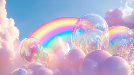 An abstract 3D double rainbow with soft, fluffy clouds and translucent glass-like balloons reflecting rainbow hues
