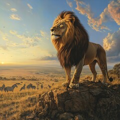 Majestic lion surveying the savannah at sunset