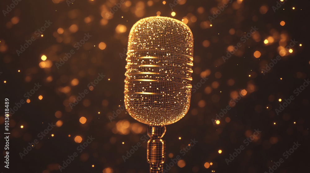 Aufkleber a retro microphone with a golden sparkle effect. it's made up of shimmering gold dots and lines on a
