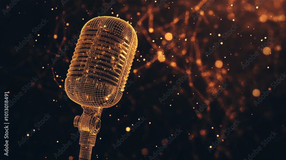 Aufkleber a retro microphone with a golden sparkle effect. it's made up of shimmering gold dots and lines on a