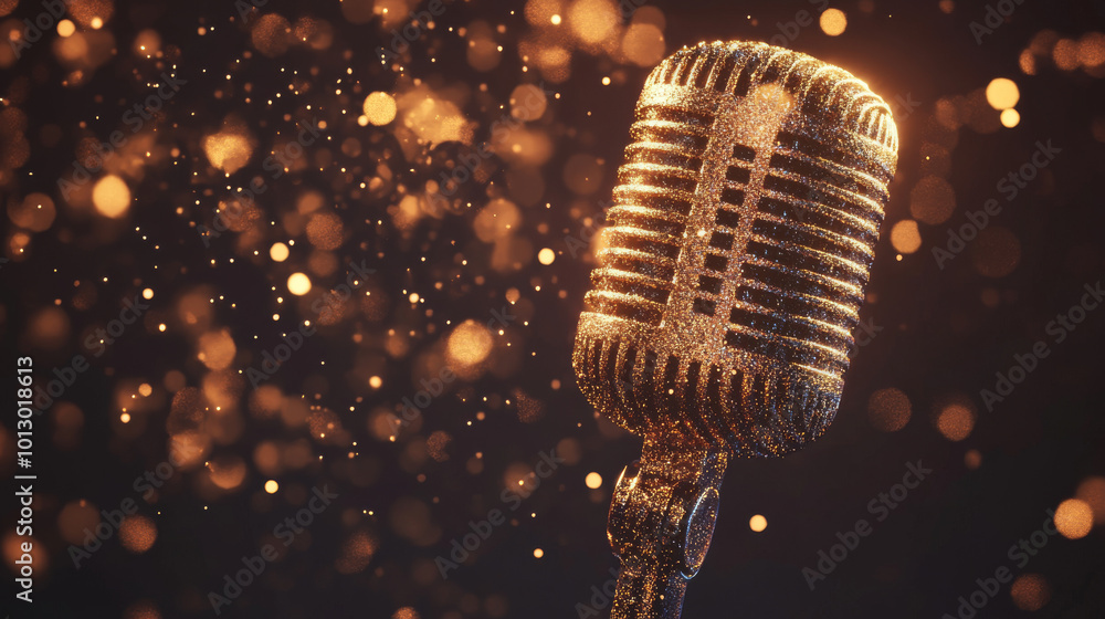Aufkleber a retro microphone with a golden sparkle effect. it's made up of shimmering gold dots and lines on a